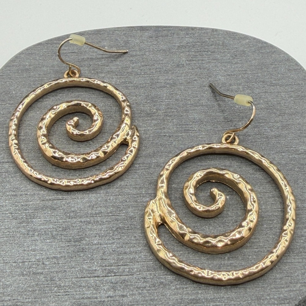 Gold Tone Hammered Spiral Dangle Earrings Large Swirl Boho Statement Jewelry